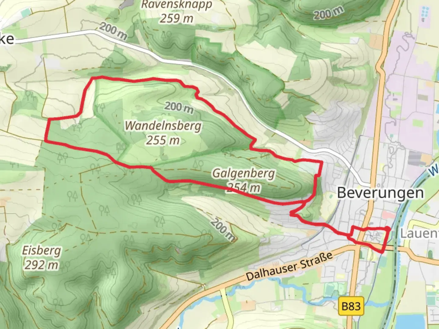 An image depicting the trail Galgenberg Eisberg Weg and Beverungen Loop and its surrounding area.