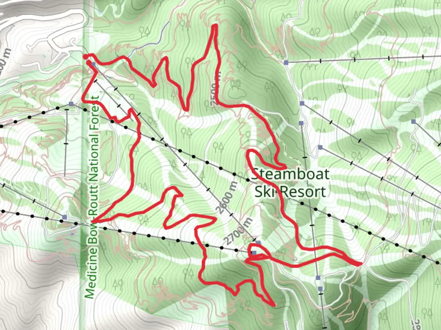 An image depicting the trail Why Not, Thunderhead Express and Mountain View Loop Trail and its surrounding area.