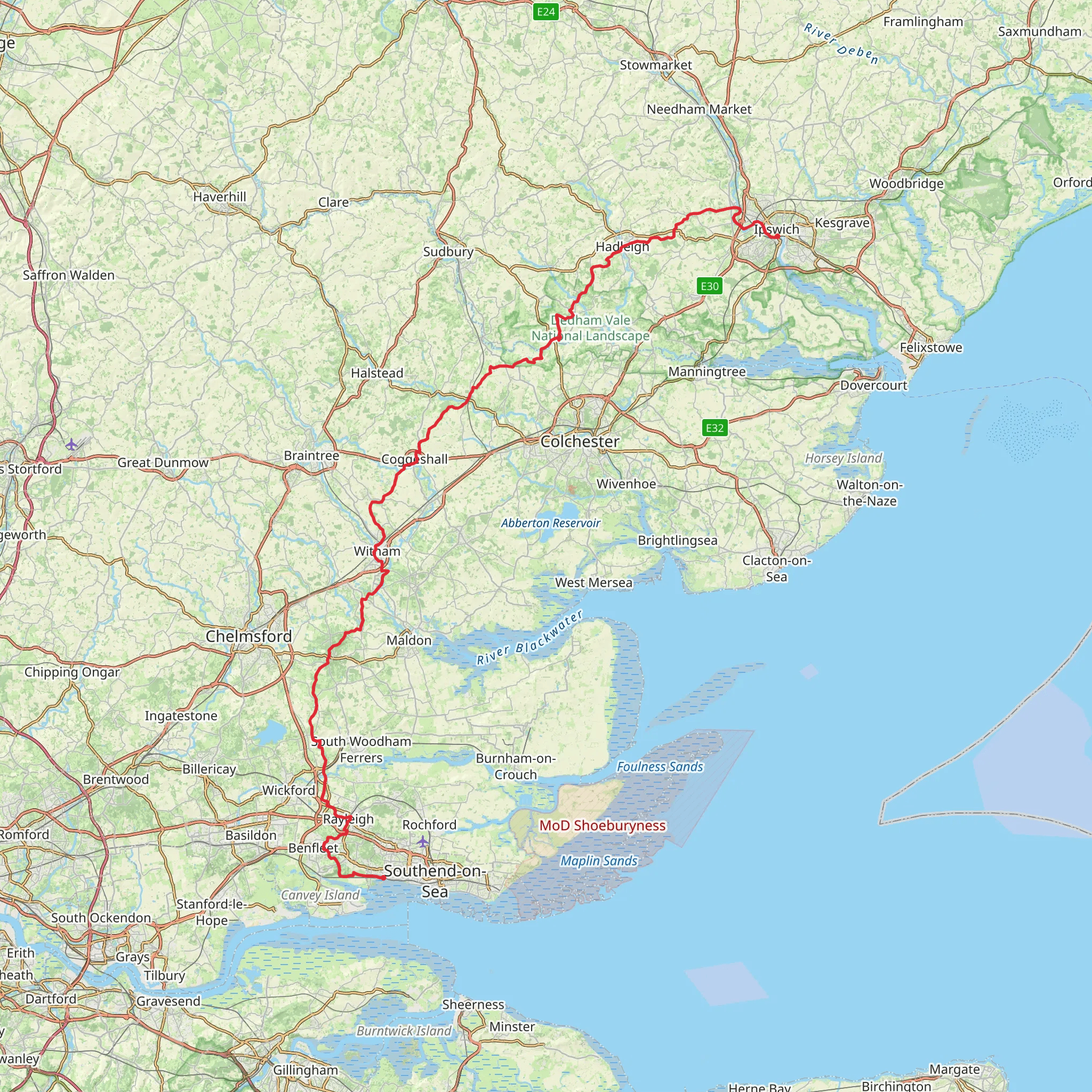 Southend on Sea to Ipswich Walk mobile static map