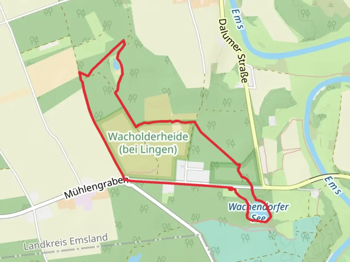 An image depicting the trail Wachendorfer See via Emsweg and its surrounding area.
