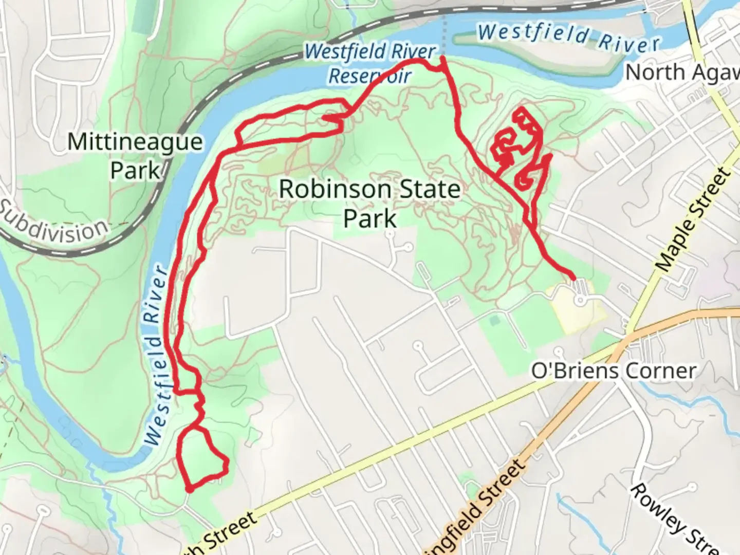 An image depicting the trail Robinson State Park Loop via Westfield River and its surrounding area.