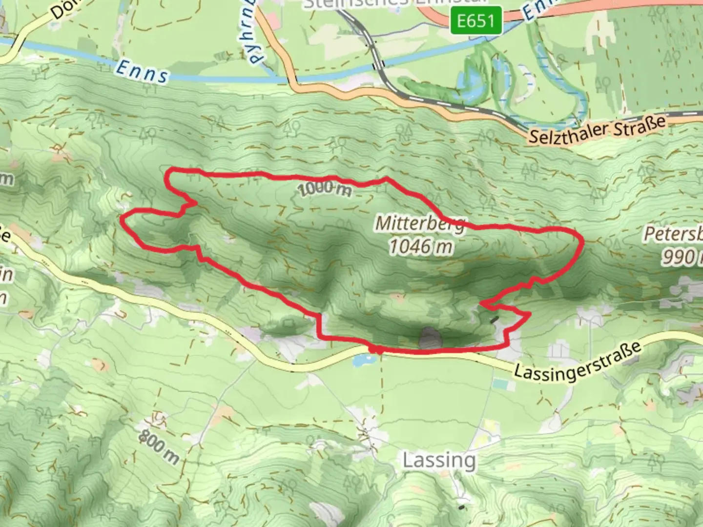 An image depicting the trail Mitterbergrunde - Lassing and its surrounding area.