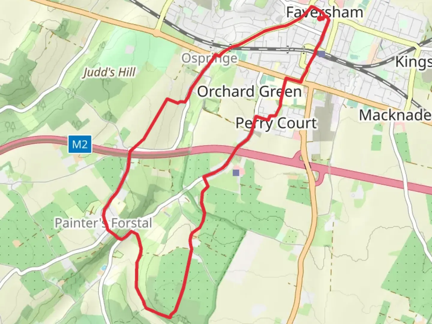An image depicting the trail Faversham to Painter's Forstal Loop and its surrounding area.