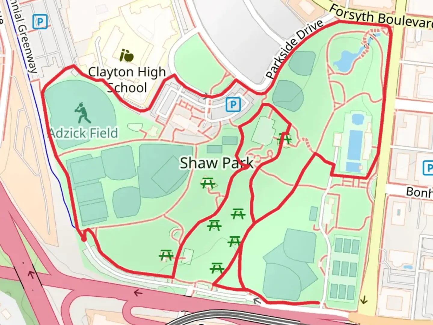 An image depicting the trail Shaw Park Loop and its surrounding area.