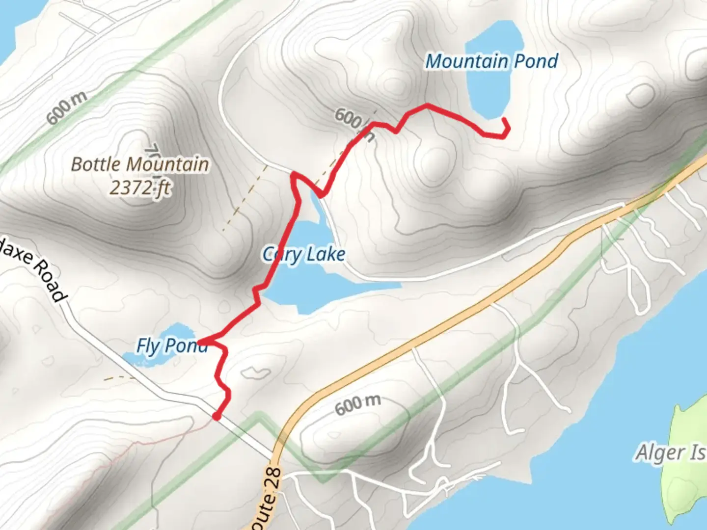 An image depicting the trail Fly Pond, Cary Lake and Mountain Pond Trail and its surrounding area.
