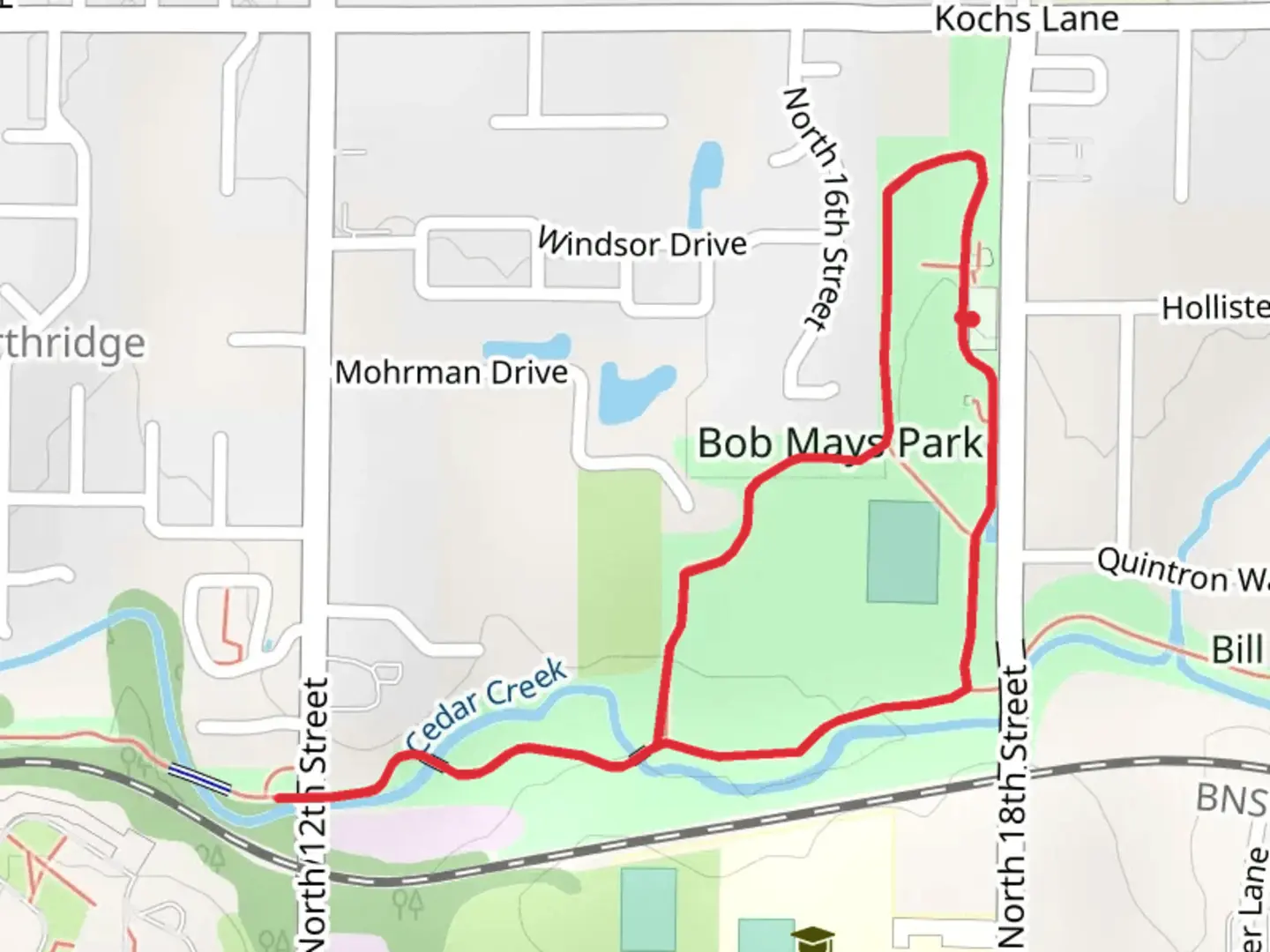 An image depicting the trail Cedar Creek Trail and Bob Mays Loop Trail and its surrounding area.