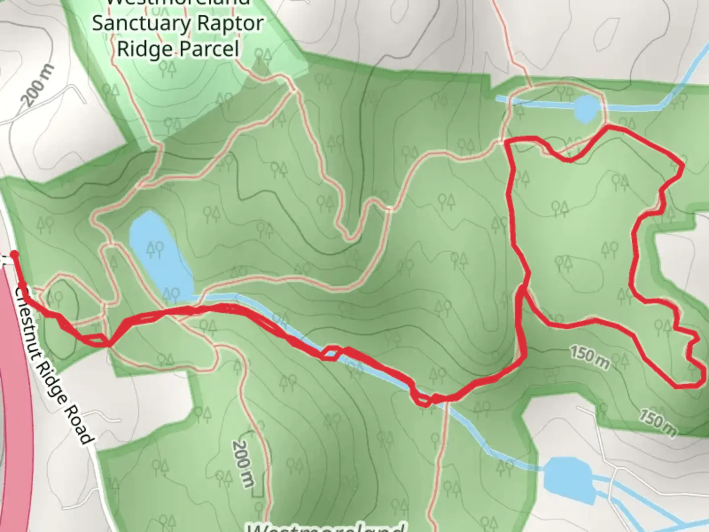 An image depicting the trail Fox Run Red and Sentry Ridge Trail Blue Loop and its surrounding area.