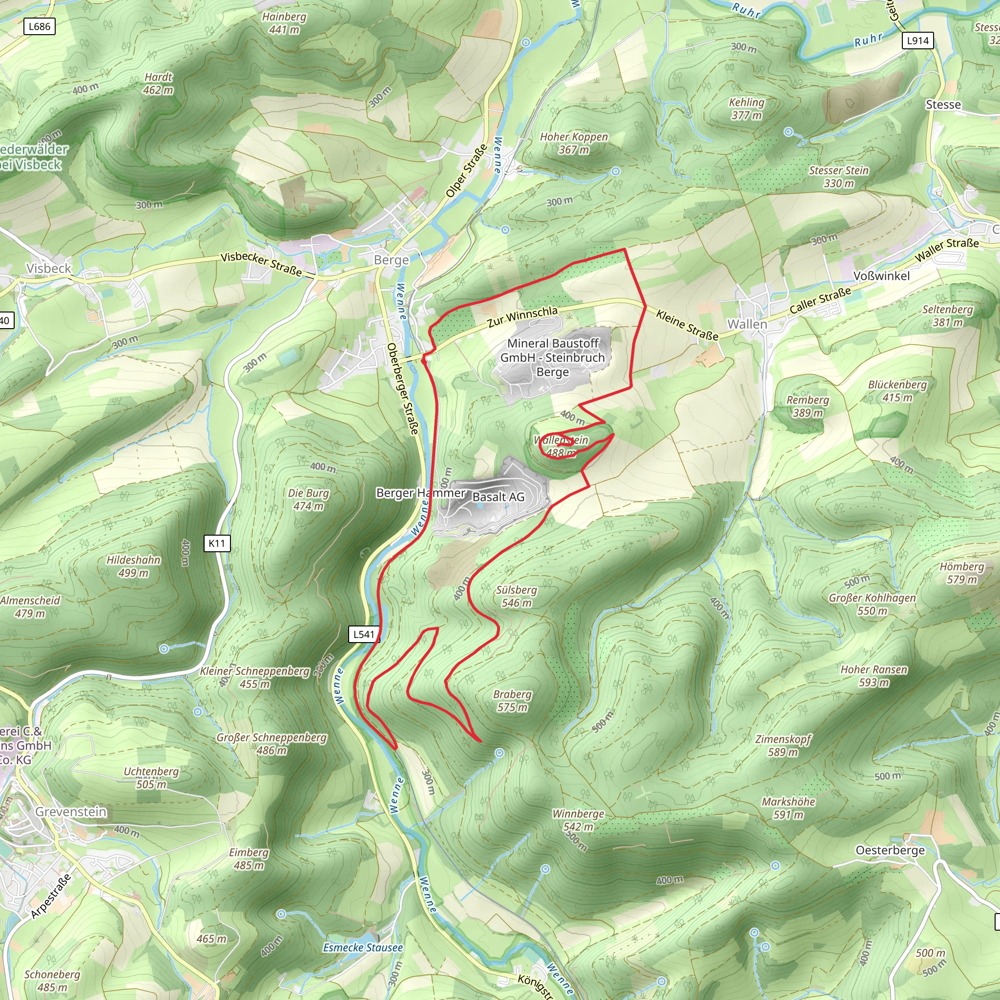 Altes Wennebett, Burgruine Wallenstein and Diabas Steinbruch Loop mobile static map