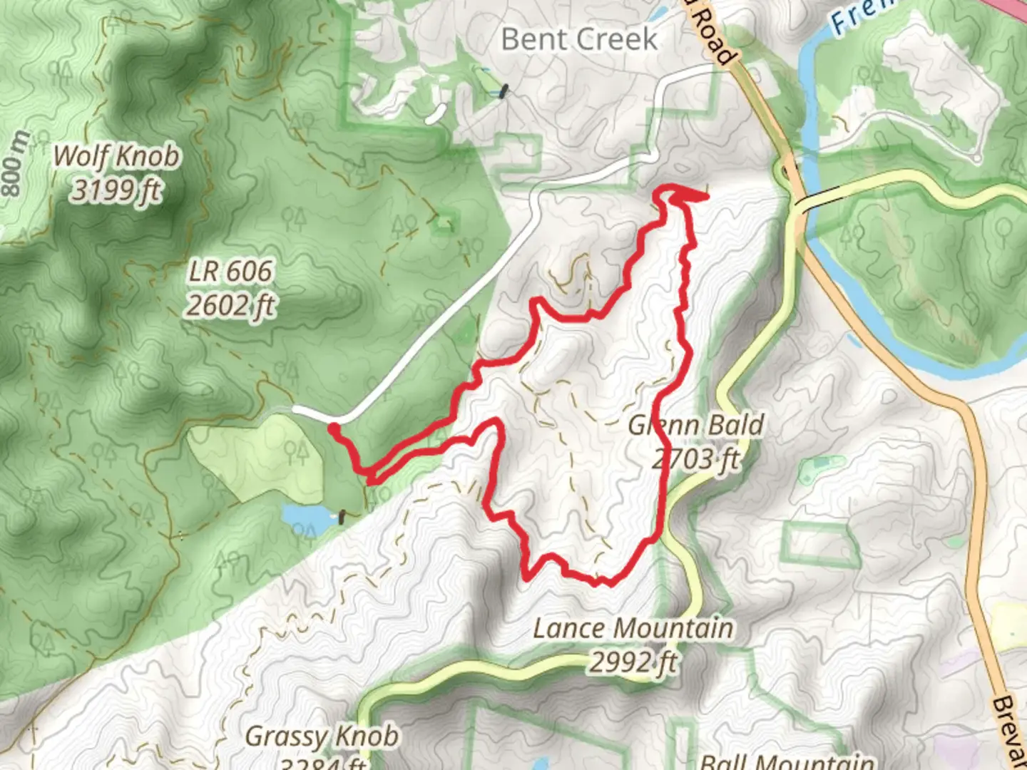 An image depicting the trail Bent Creek Trail and Hardtimes Road Loop and its surrounding area.