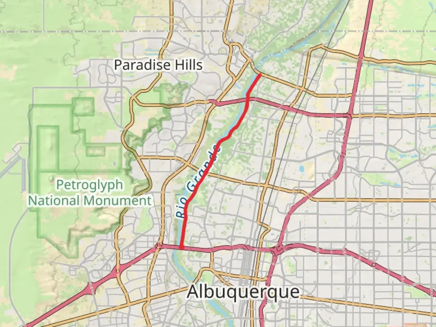An image depicting the trail Paseo del Rey Bosque Trail Out and Back and its surrounding area.