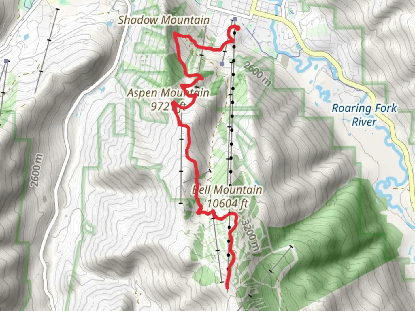 An image depicting the trail Aspen Mountain via Aspen Mountain Summer Road and its surrounding area.