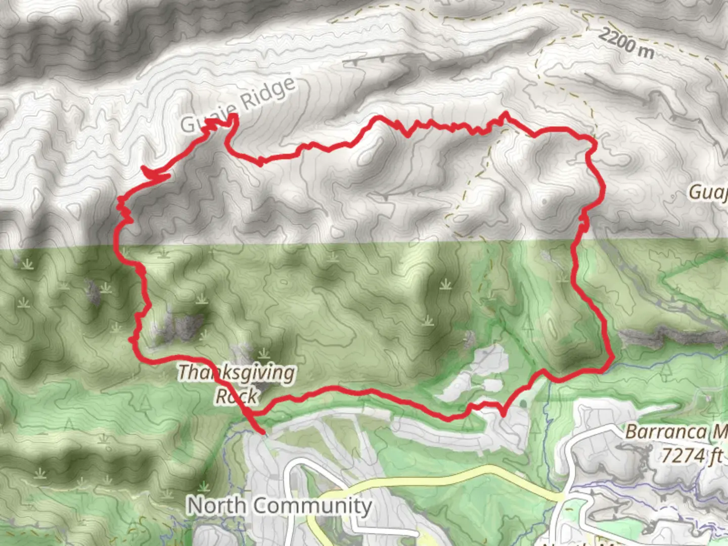 An image depicting the trail Mitchell Trail, Cabra Loop Trail and Guaje Ridge Trail and its surrounding area.