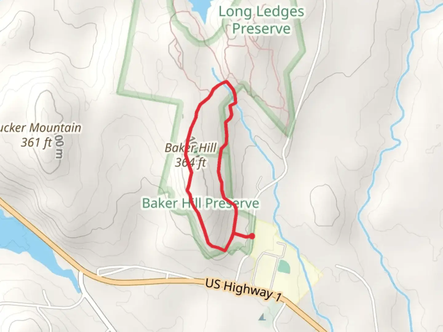 An image depicting the trail Baker Hill Loop from Punkinville Road and its surrounding area.