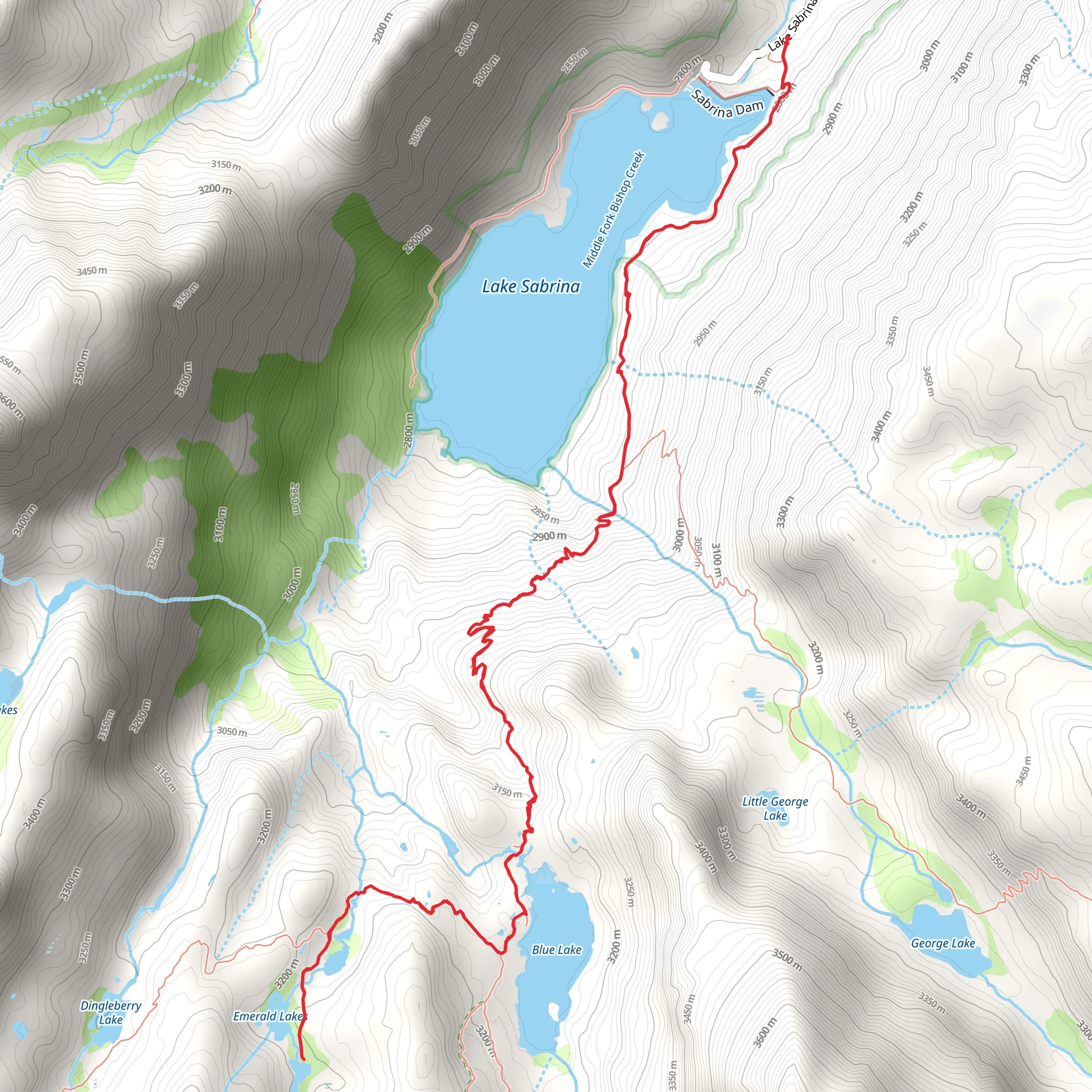 Emerald Lake and Blue Lake via Sabrina Basin Trail mobile static map