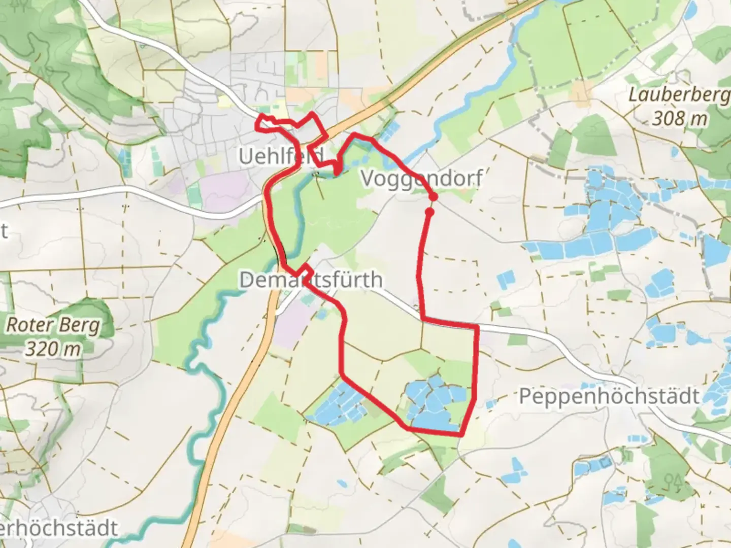 An image depicting the trail Voggendorf, Nutzweiher and Demantsfurth Loop and its surrounding area.