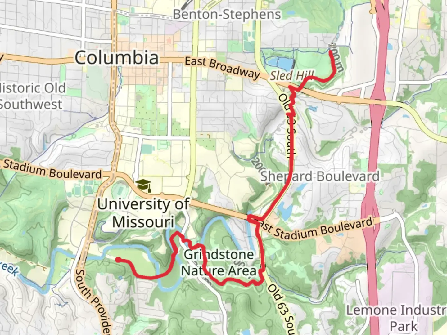 An image depicting the trail Hinkson Creek Trail and its surrounding area.