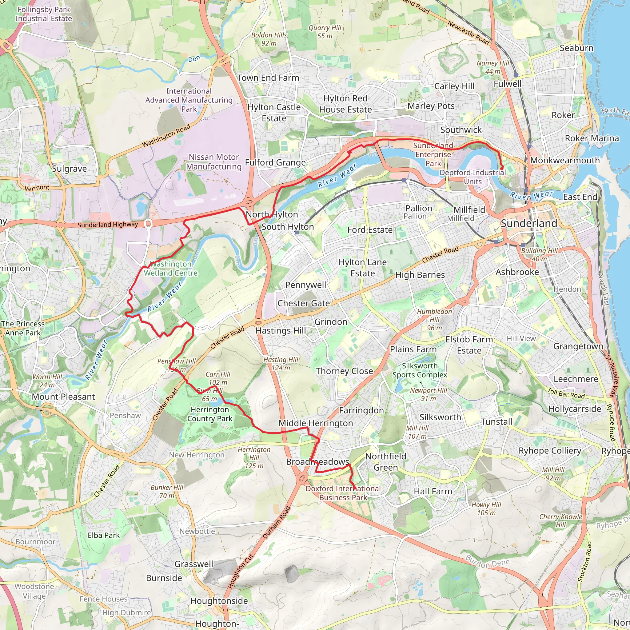 Burn Hill, Penshaw Hill and River Wear Walk mobile static map