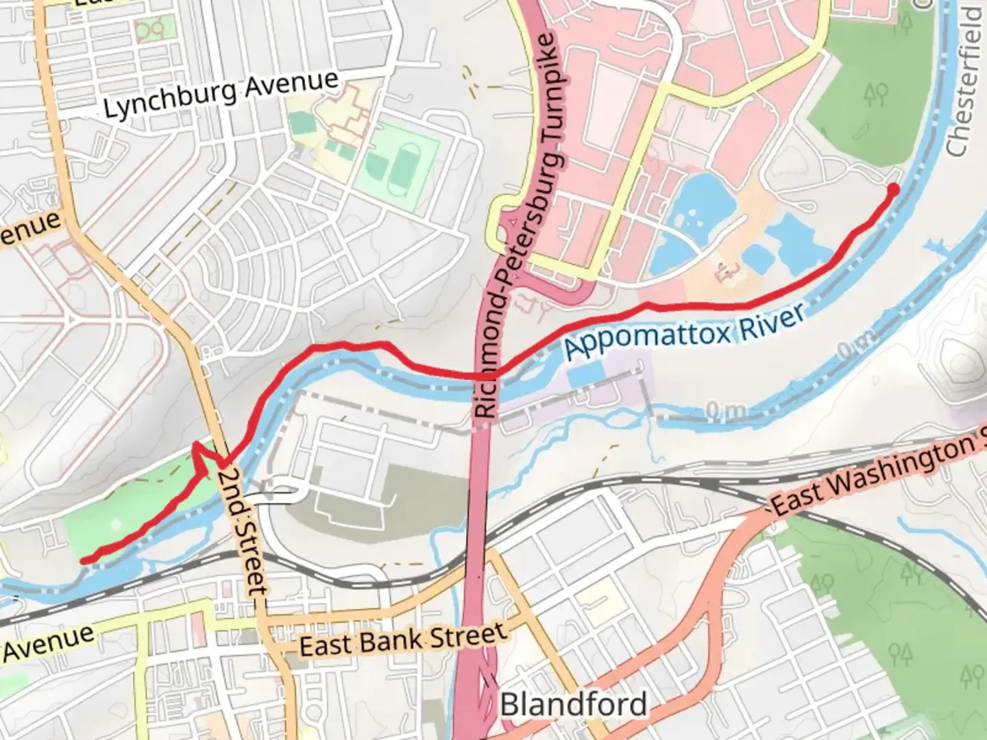 An image depicting the trail Appomattox River Walk Out and Back and its surrounding area.