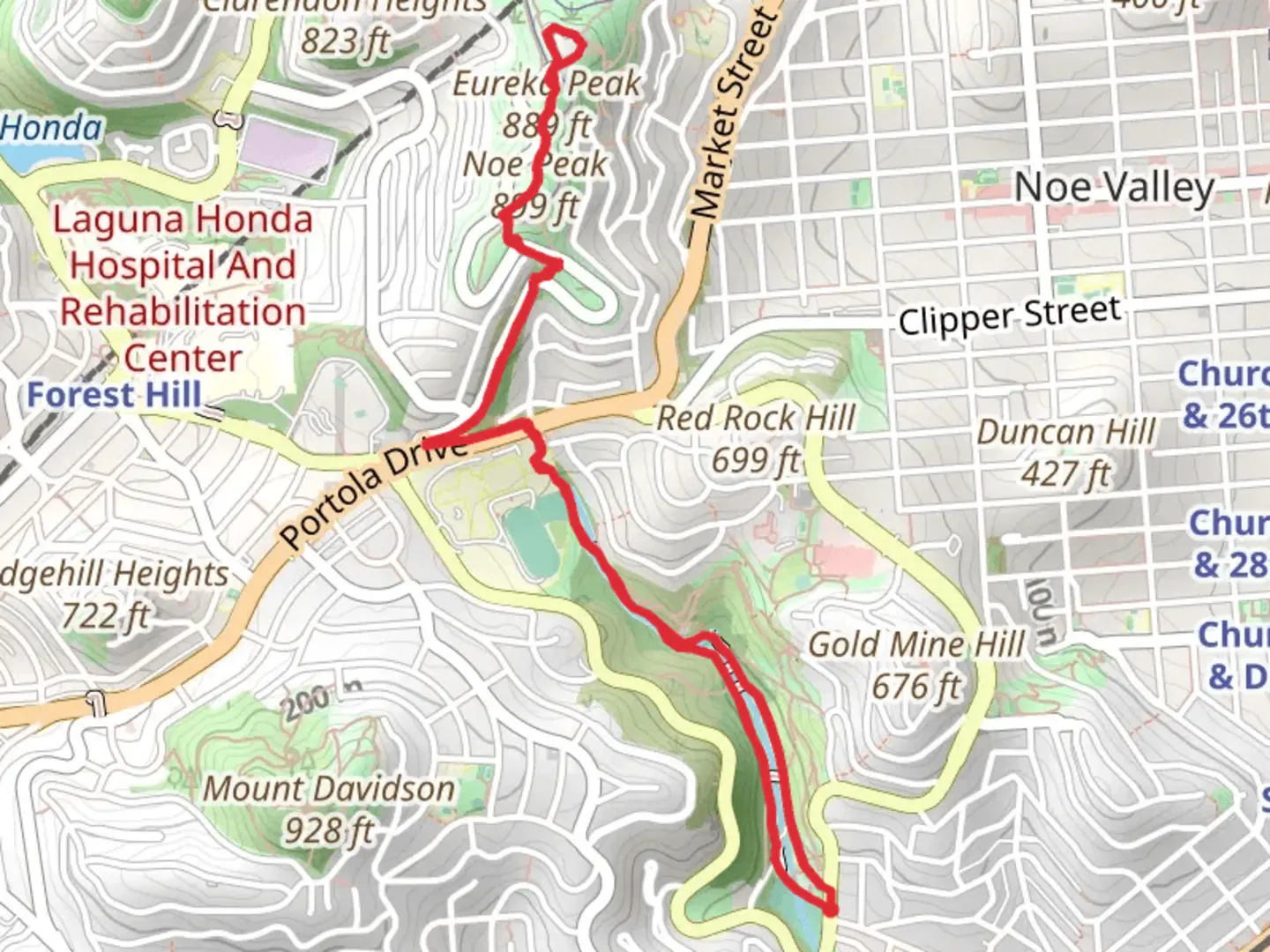 An image depicting the trail Two Peaks Trail and Islais Creek Trail and its surrounding area.