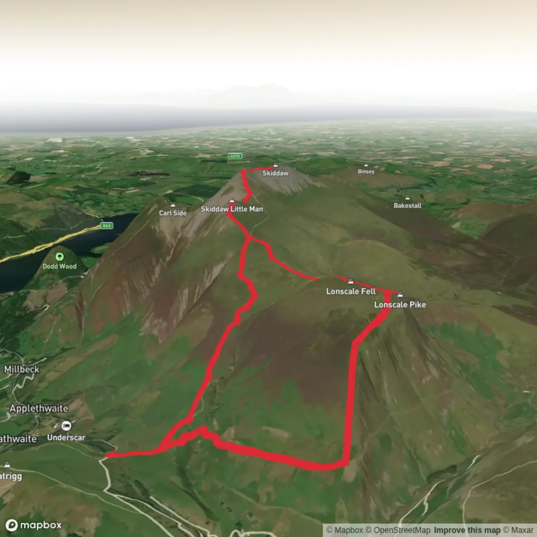 An image depicting the trail Lonsdale fell, Pike, Skiddaw, little man and South Top and its surrounding area.