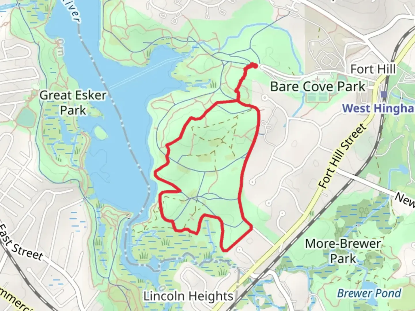 An image depicting the trail Fresh River - Bare Cove Park and its surrounding area.