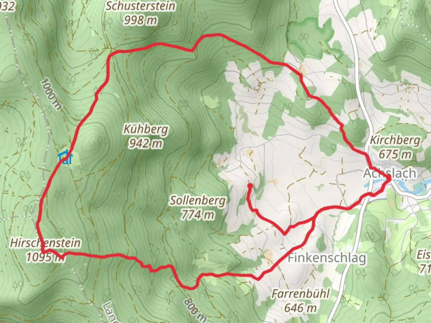 An image depicting the trail Achslach and Hirschenstein Loop and its surrounding area.