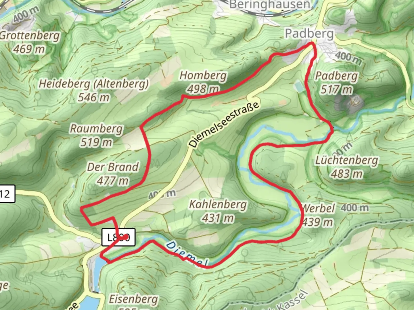 An image depicting the trail Helminghausen to Padberg Loop and its surrounding area.