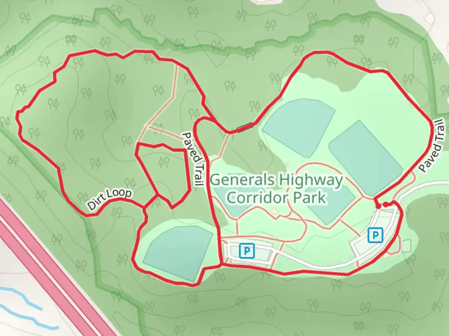 An image depicting the trail Paved Trail and Dirt Loop and its surrounding area.
