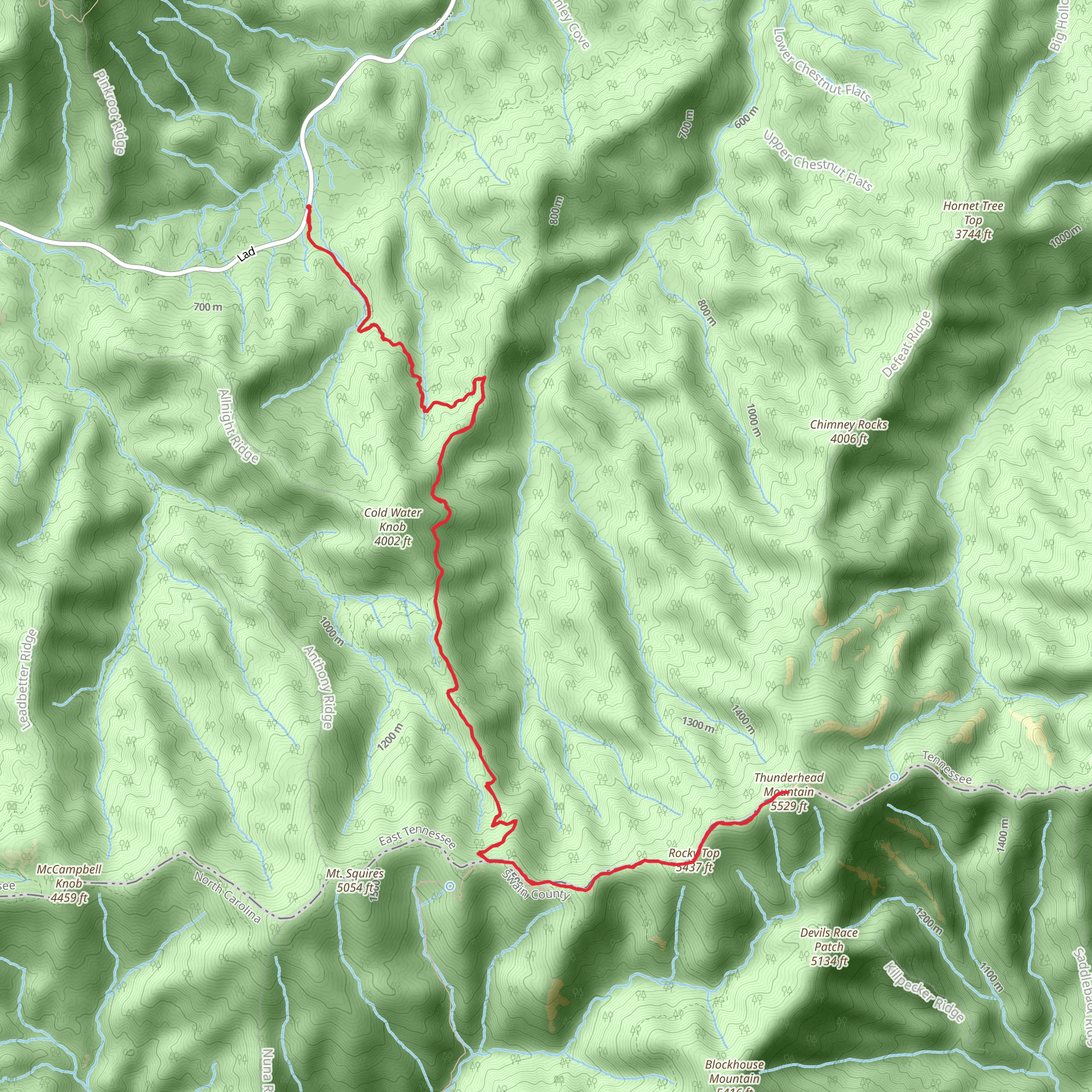 Thunderhead Mountain and Rocky Top via Lead Cove Trail mobile static map