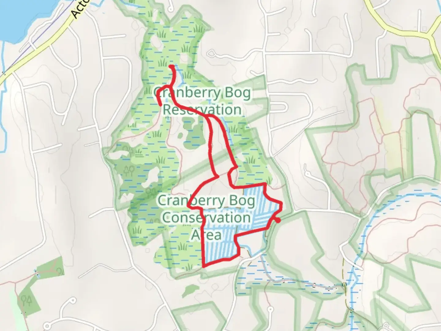 An image depicting the trail Cranberry Bog Reservoir Number One Loop and its surrounding area.
