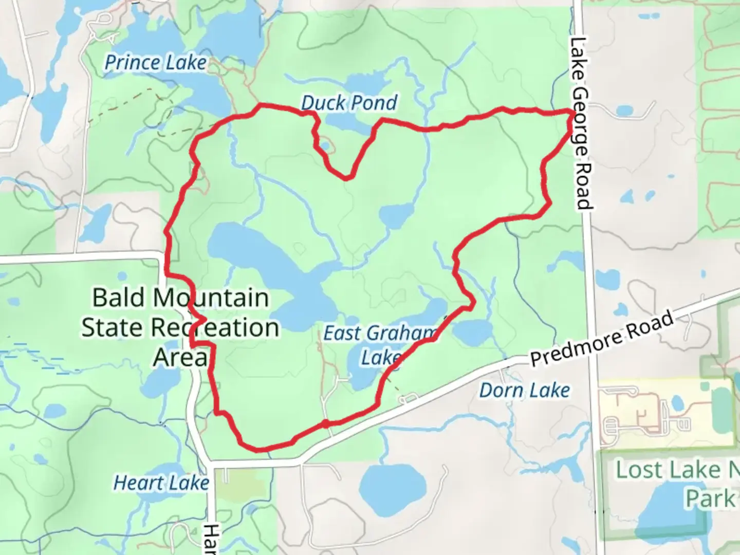 An image depicting the trail East and West Graham Lakes, Shoe Lake, Duck Pond Loop and its surrounding area.