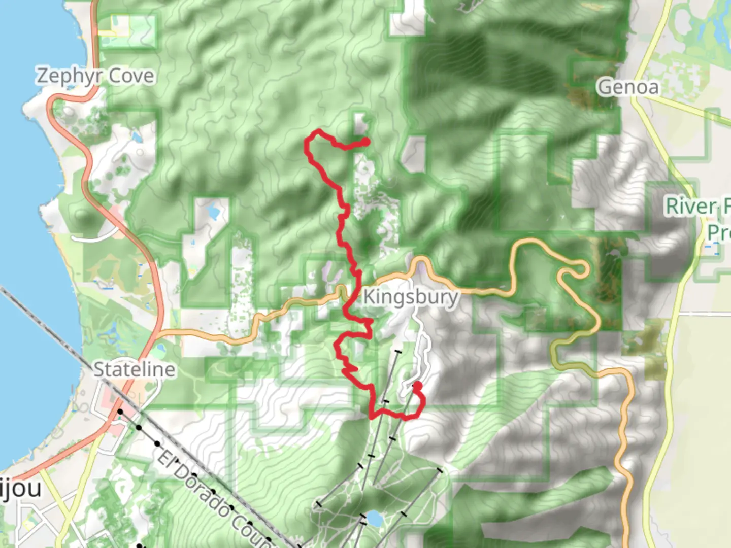An image depicting the trail Tahoe Rim Trail to Kingsbury South Access and its surrounding area.