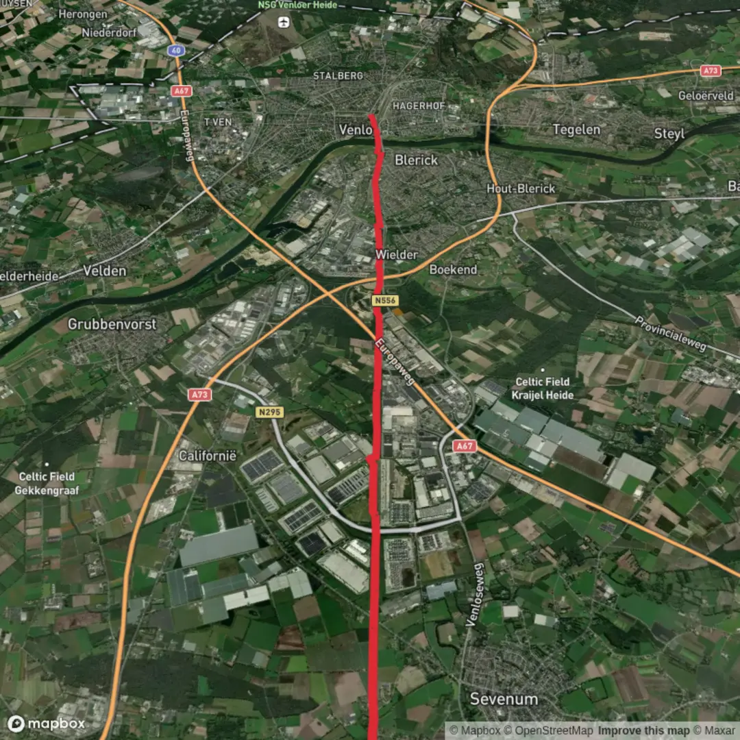 An image depicting the trail Horst Sevenum to Venlo via Eindhovense Weg and its surrounding area.