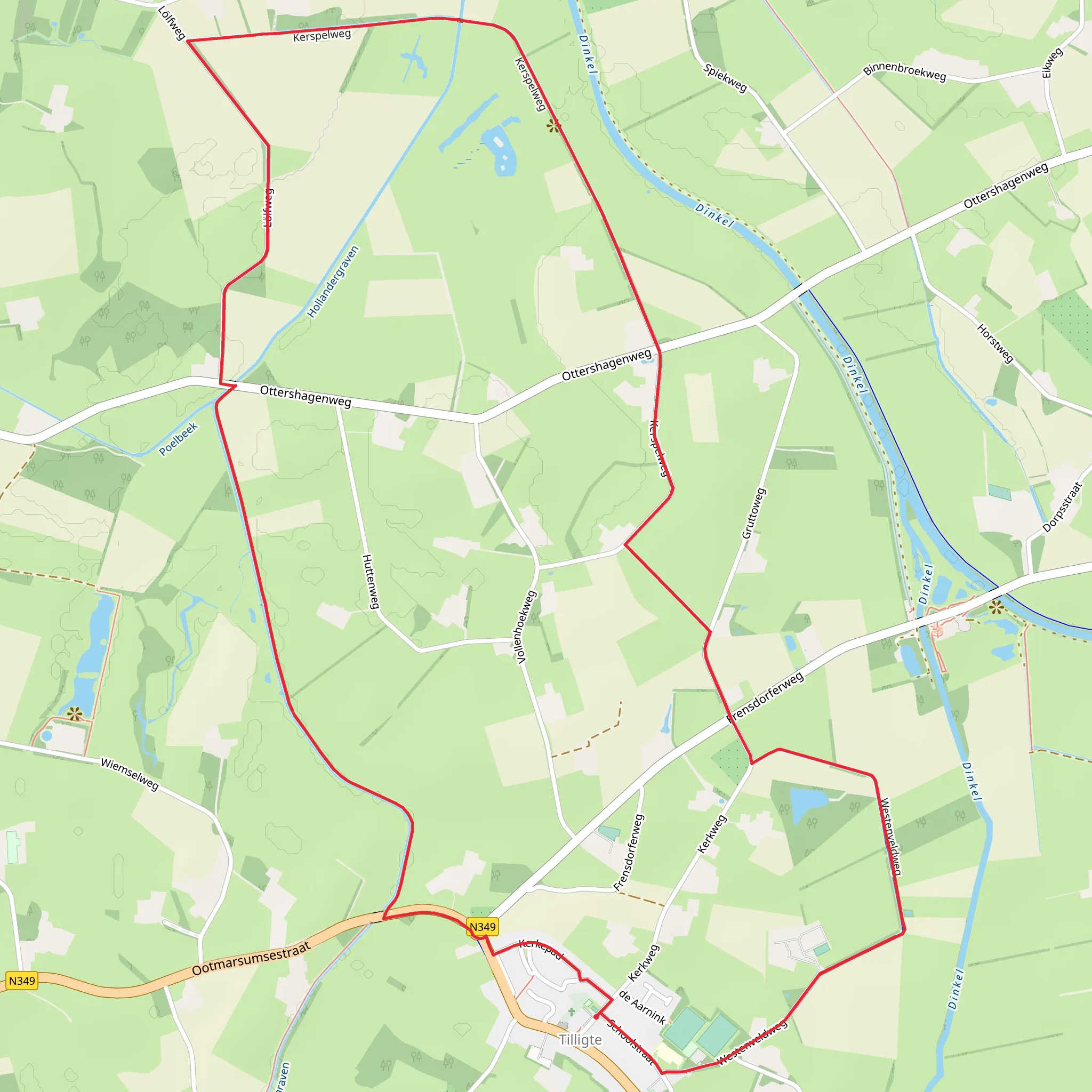 WNW Twente Tilligte Rode Route and Dinkelpad Loop mobile static map