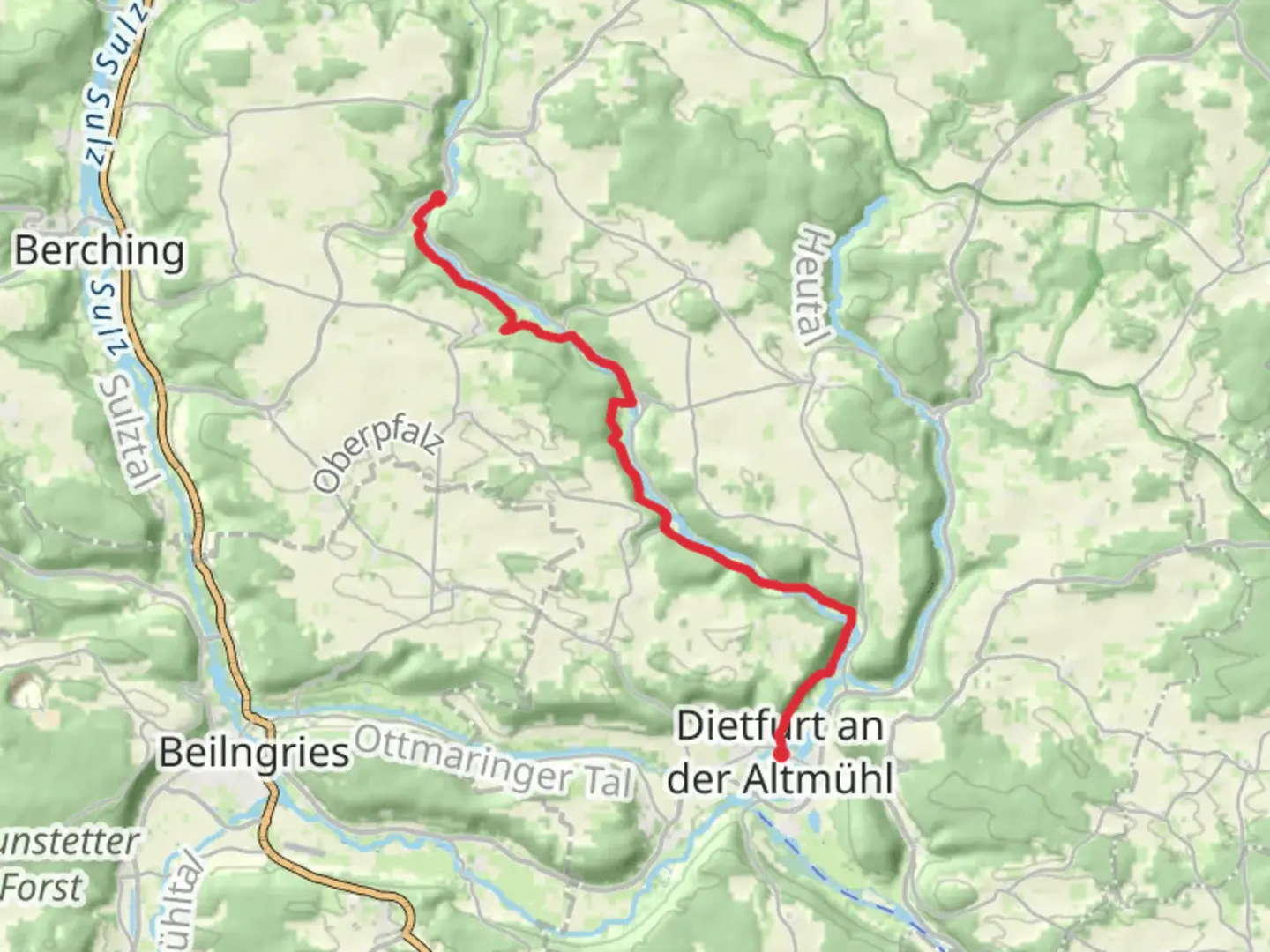 An image depicting the trail Holnstein to Dietfurt an der Altmuhl Walk and its surrounding area.