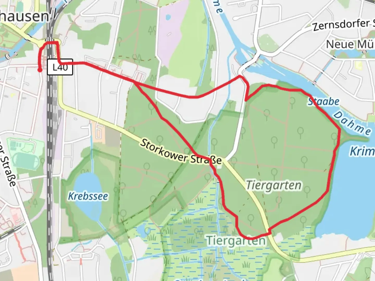 An image depicting the trail Krimnicksee via Rundweg Klein Venedig and Skulpturenpfad Tiergarten and its surrounding area.