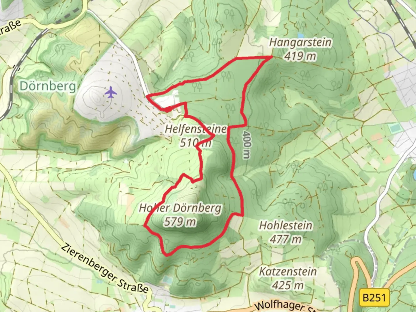 An image depicting the trail Alte Gewitterbuche, Hoher Dornberg and Helfenstein Loop and its surrounding area.