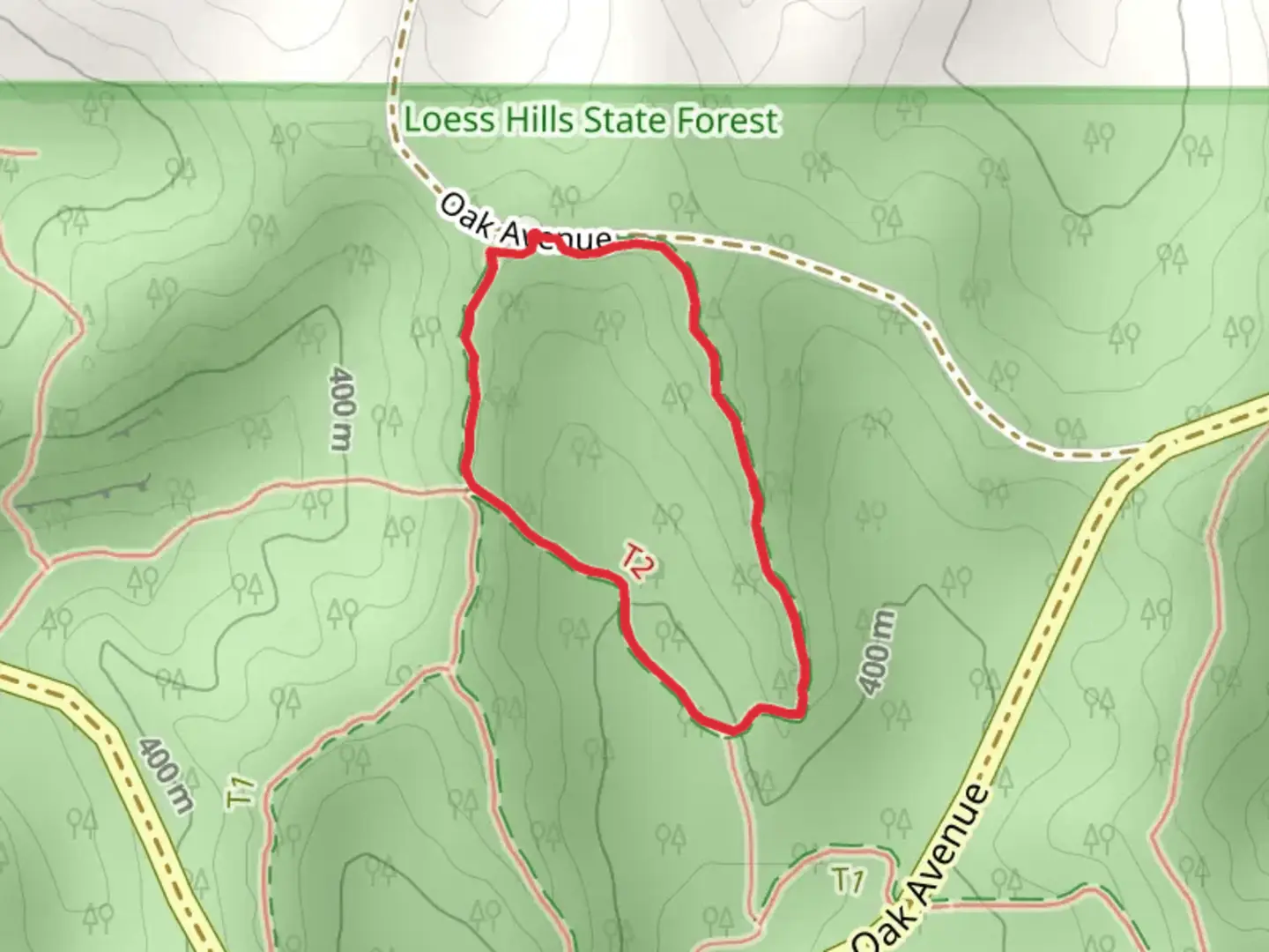 An image depicting the trail Oak Avenue Loop and its surrounding area.