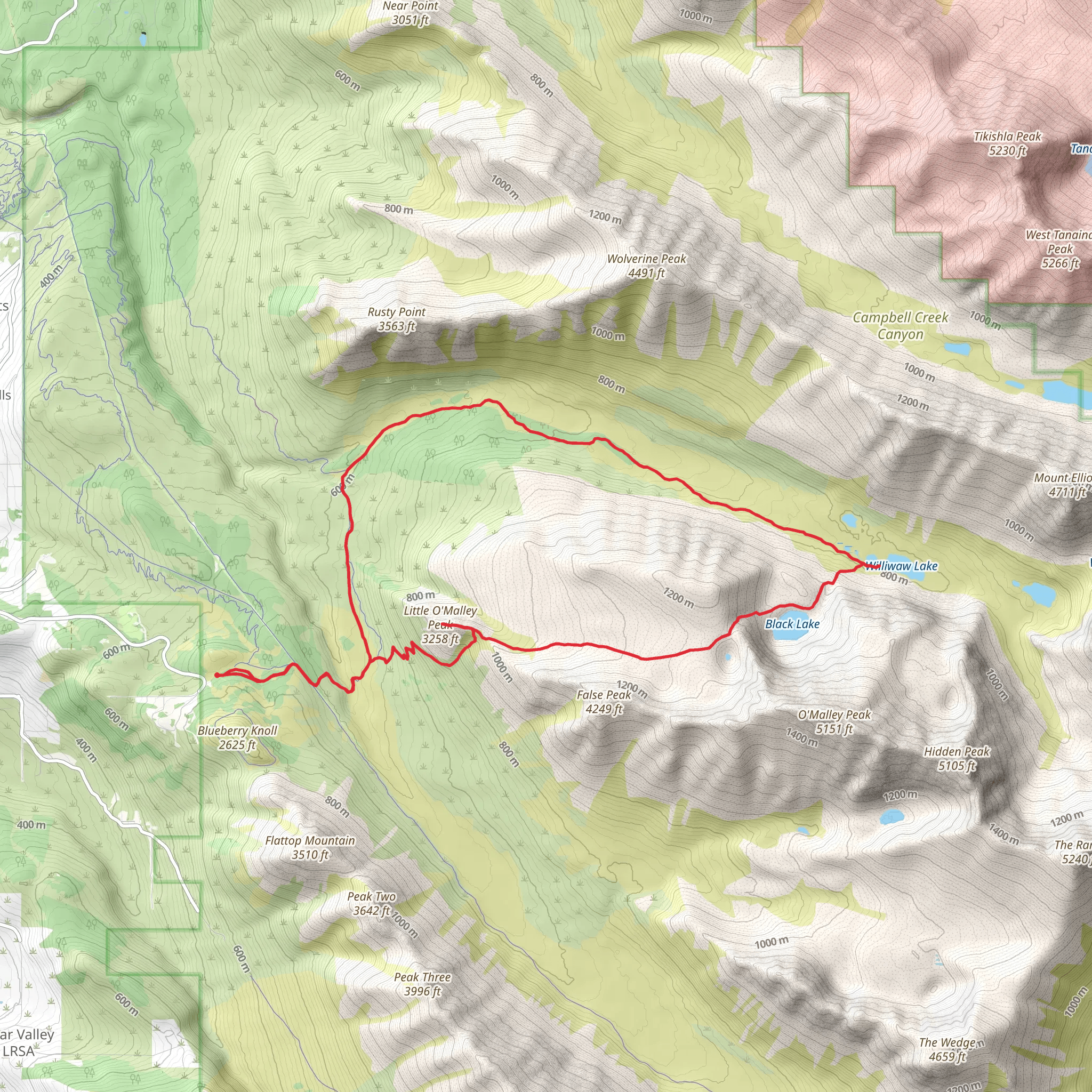 Little O'Malley Peak, Williwaw Lake and Middle Fork Expressway Loop Trail mobile static map