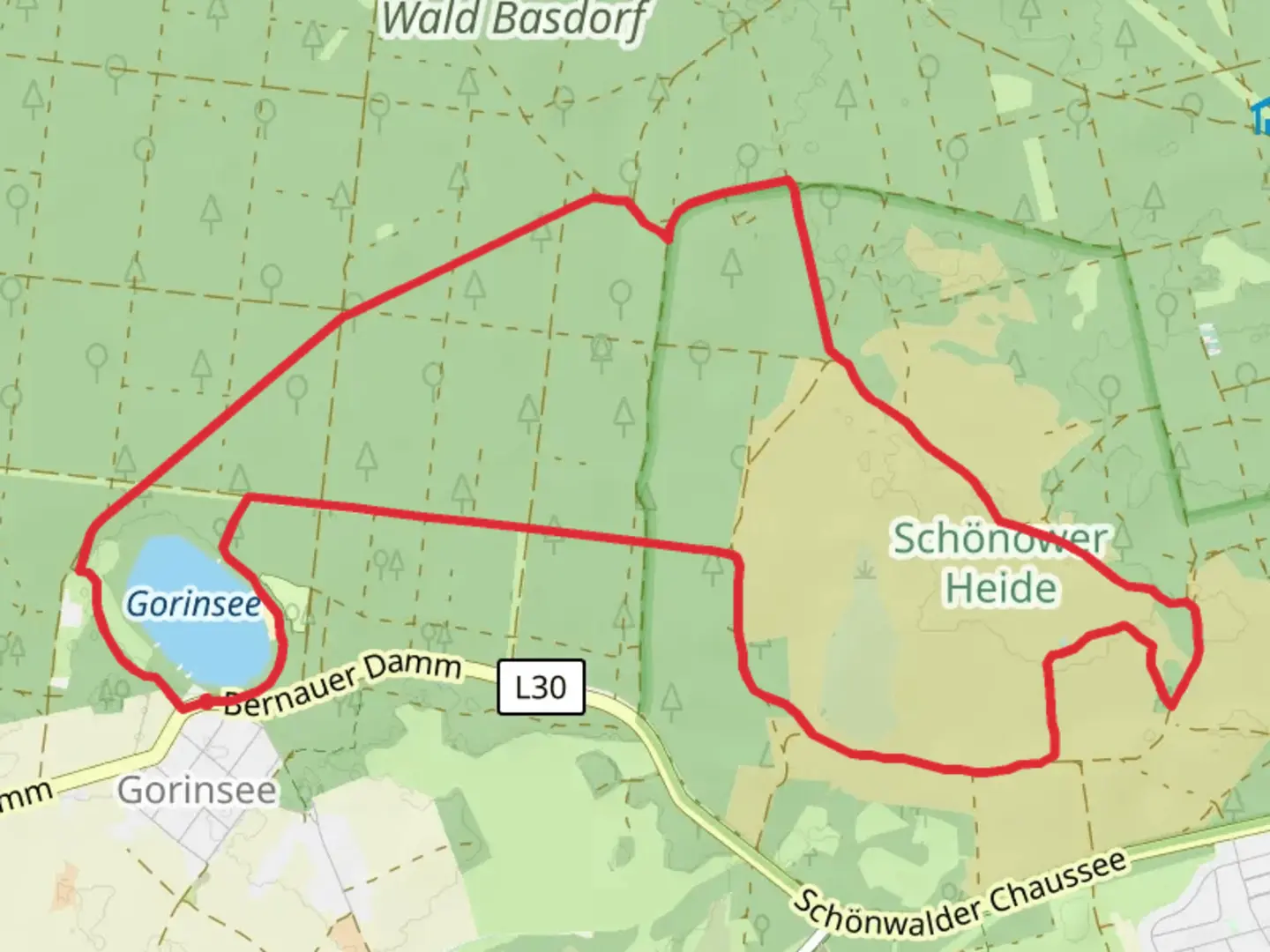 An image depicting the trail Gorinsee and Schönower Heide Loop and its surrounding area.