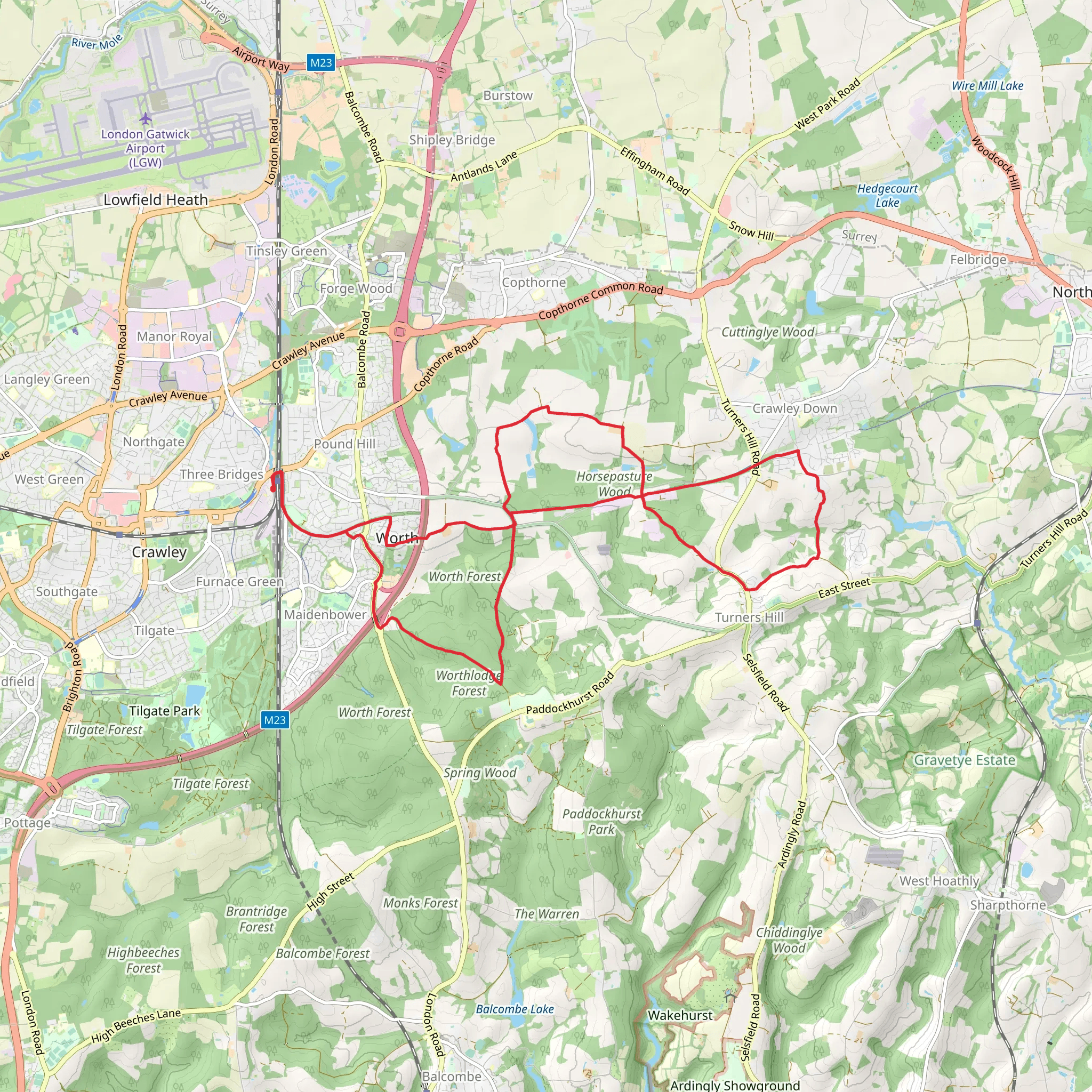 Worth Way from Three Bridges near Crawley mobile static map