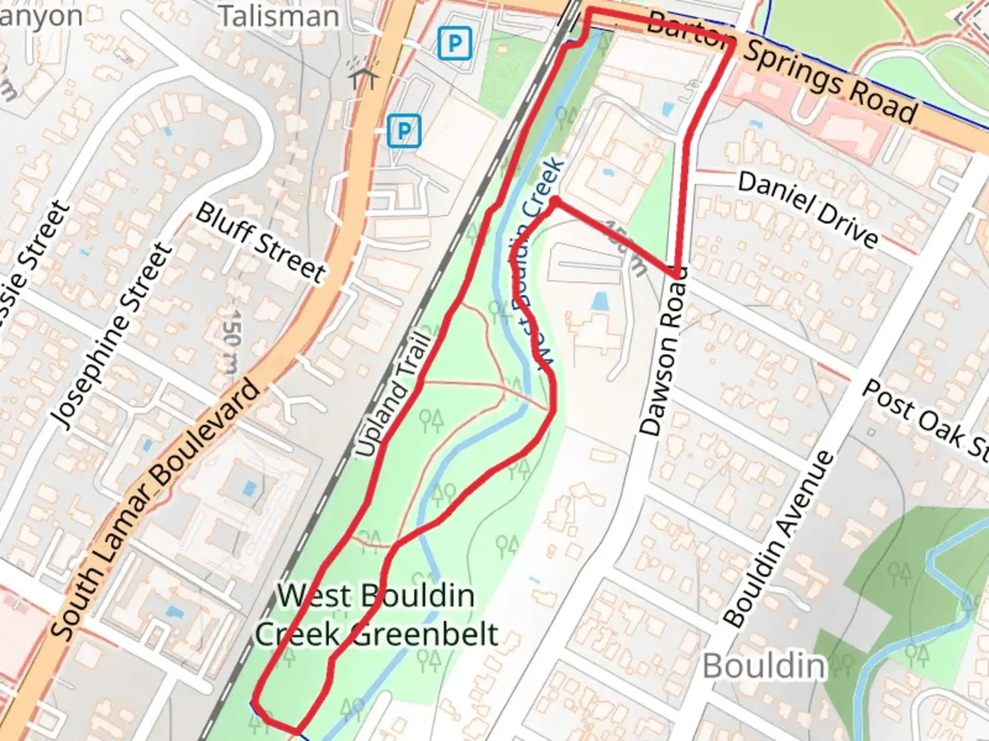 An image depicting the trail West Bouldin Creek Greenbelt Loop and its surrounding area.