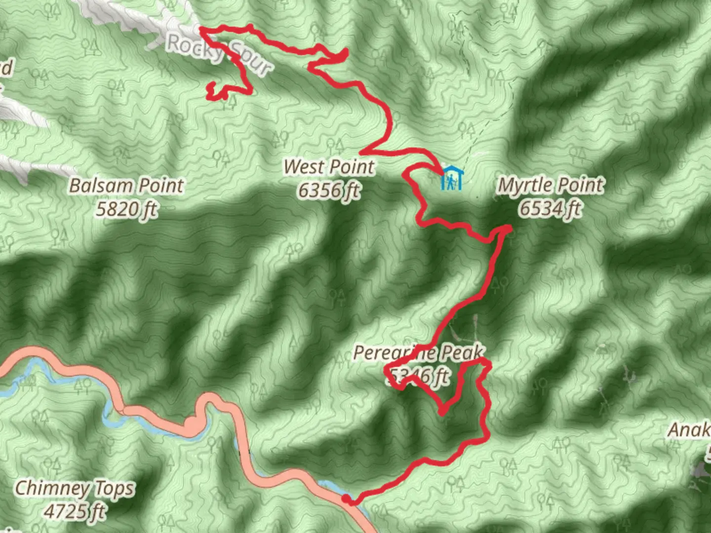 An image depicting the trail Alum Cave Trail, Bull Head Trail and Rainbow Falls Trail and its surrounding area.