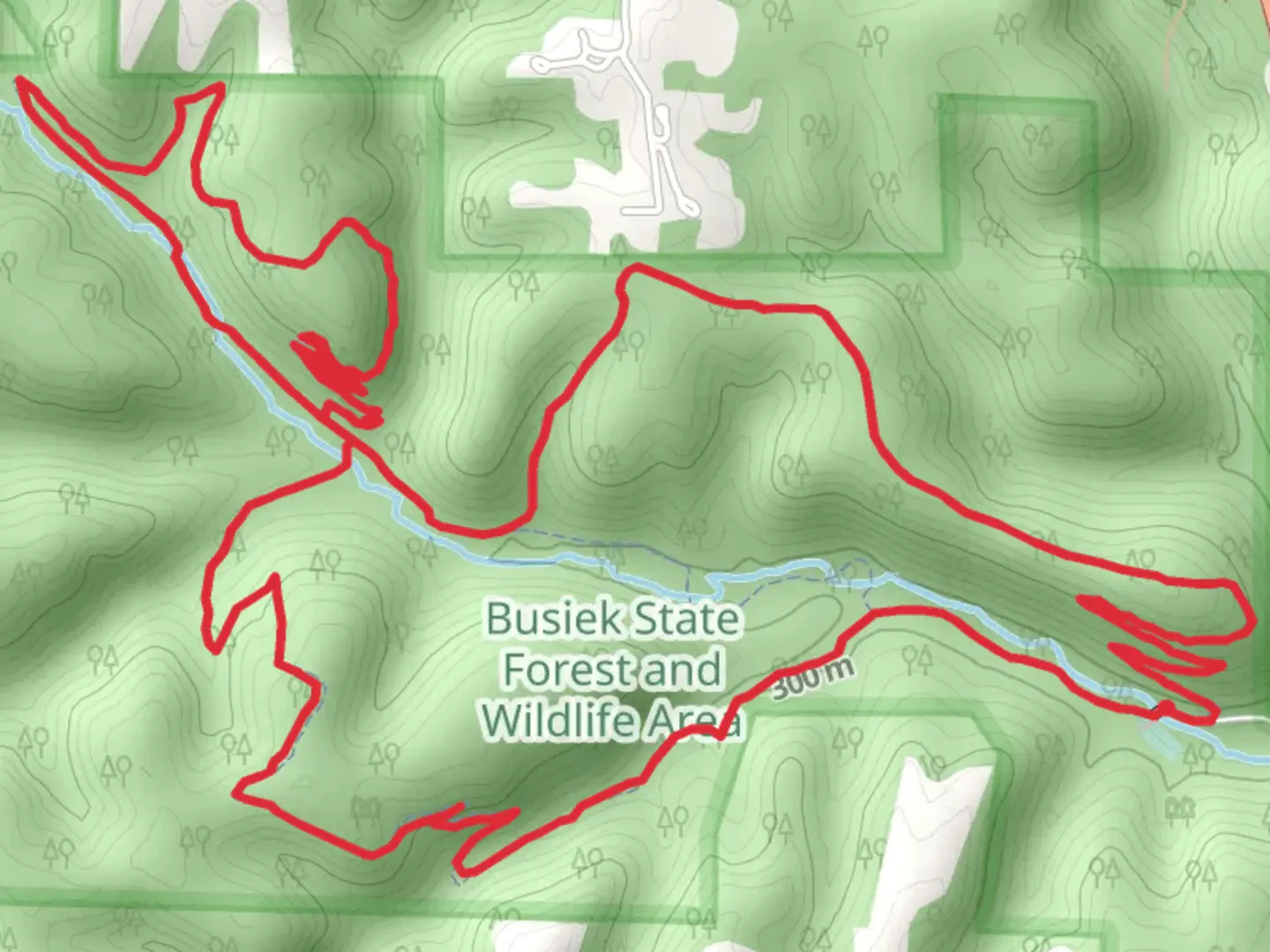 An image depicting the trail Busiek Purple - Orange - White Loop Trail and its surrounding area.