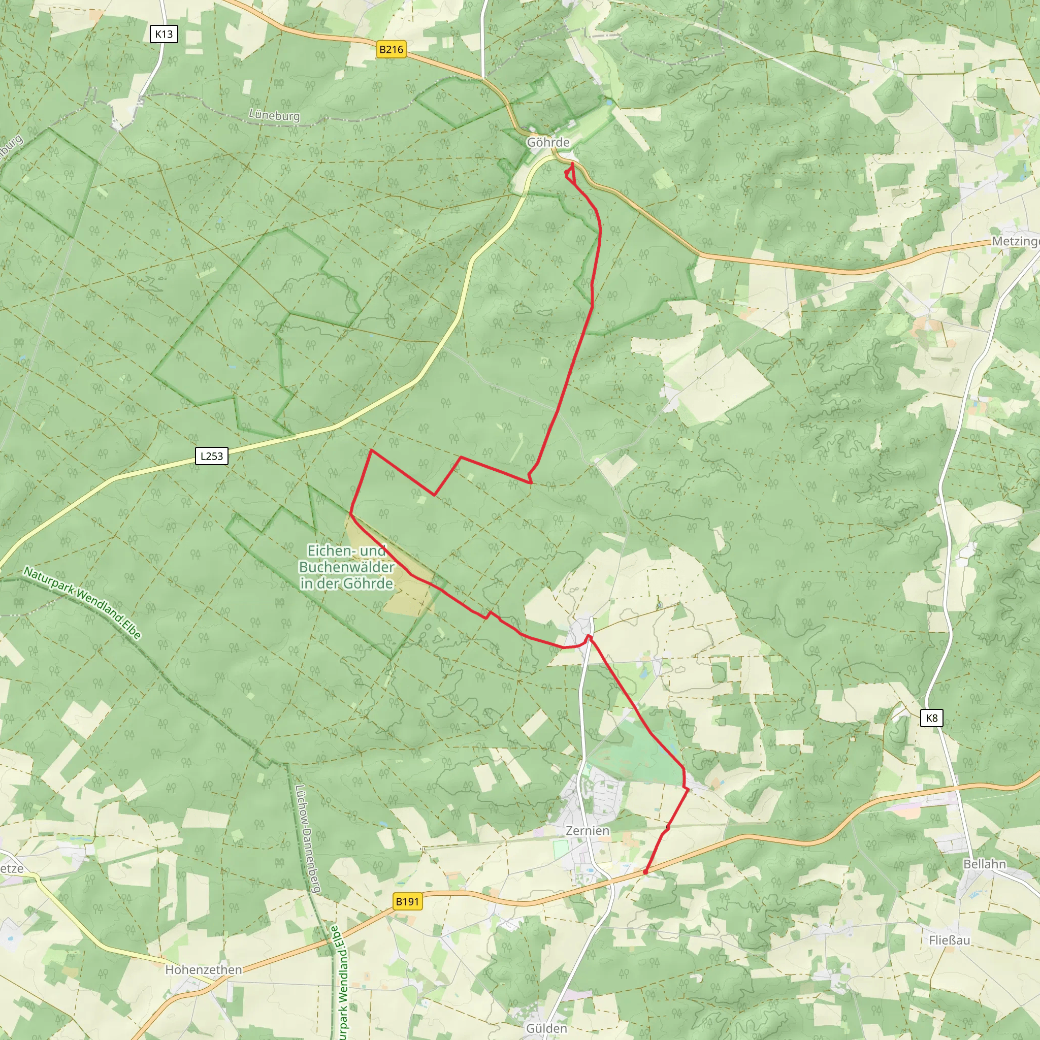 Göhrde to Zernien viaDrawehn-Hoehenweg mobile static map