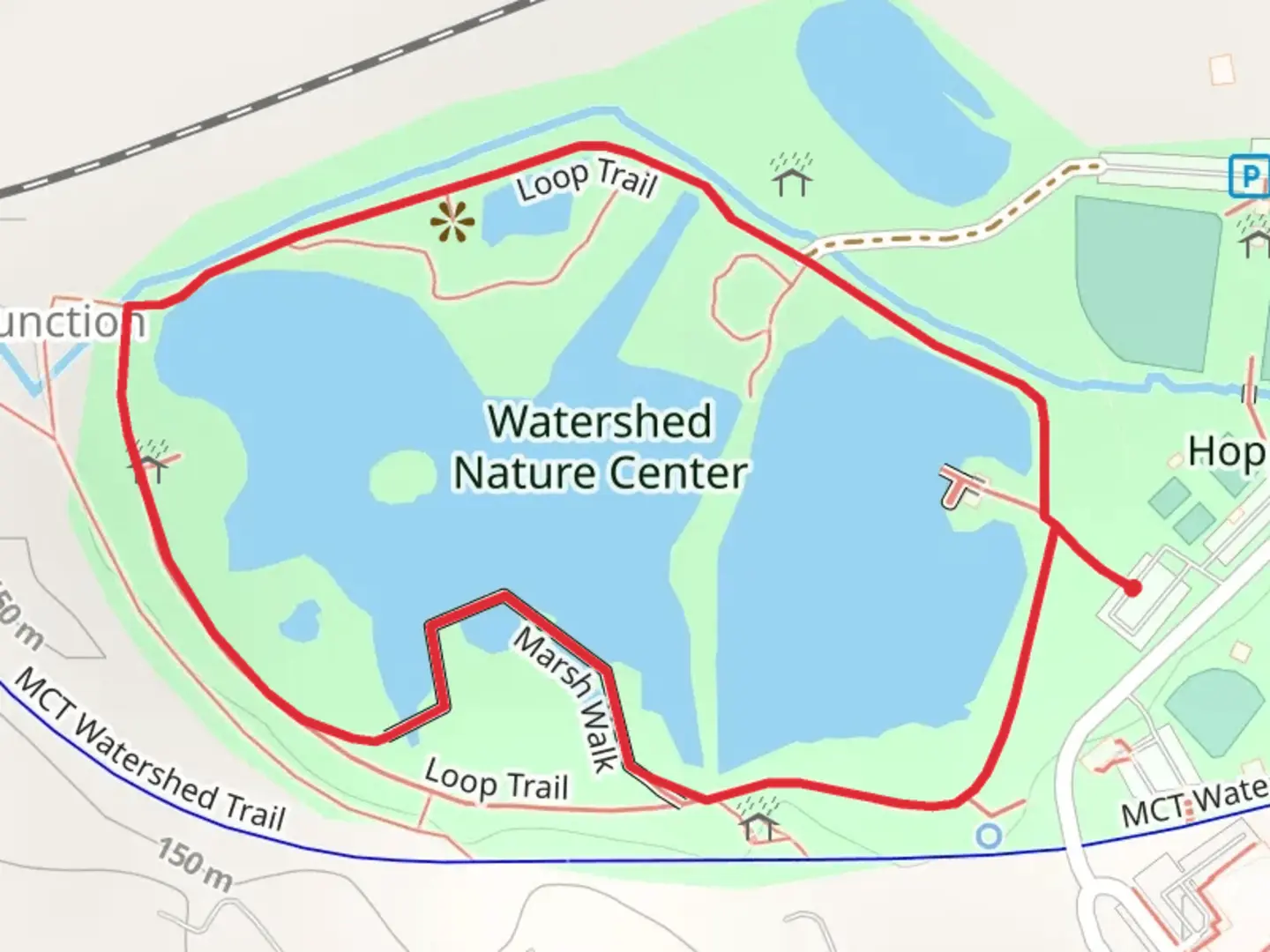 An image depicting the trail Watershed Nature Center Loop and its surrounding area.