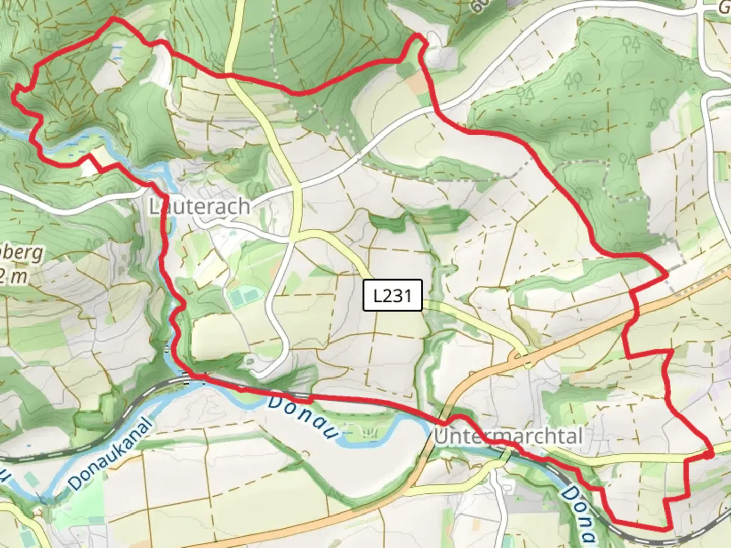 An image depicting the trail Untermarchtal and Lauterach Loop via Schloss Mochental and its surrounding area.