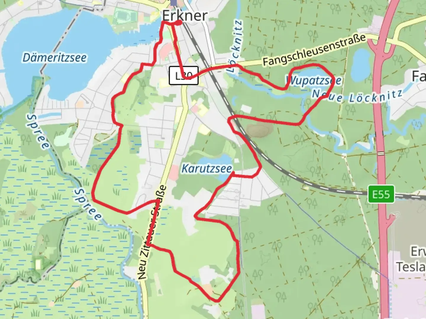 An image depicting the trail Karutzsee via Markische Runde and Wanderweg am Bretterschen Graben and its surrounding area.