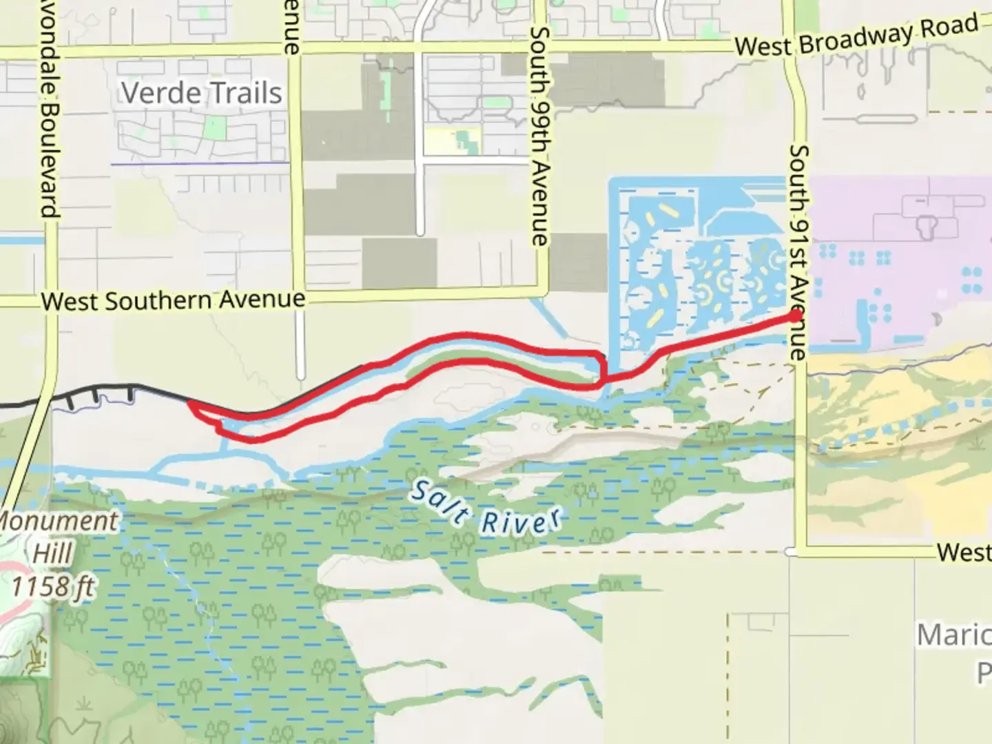 An image depicting the trail Maricopa Loop Trail from South 91st Aven and its surrounding area.