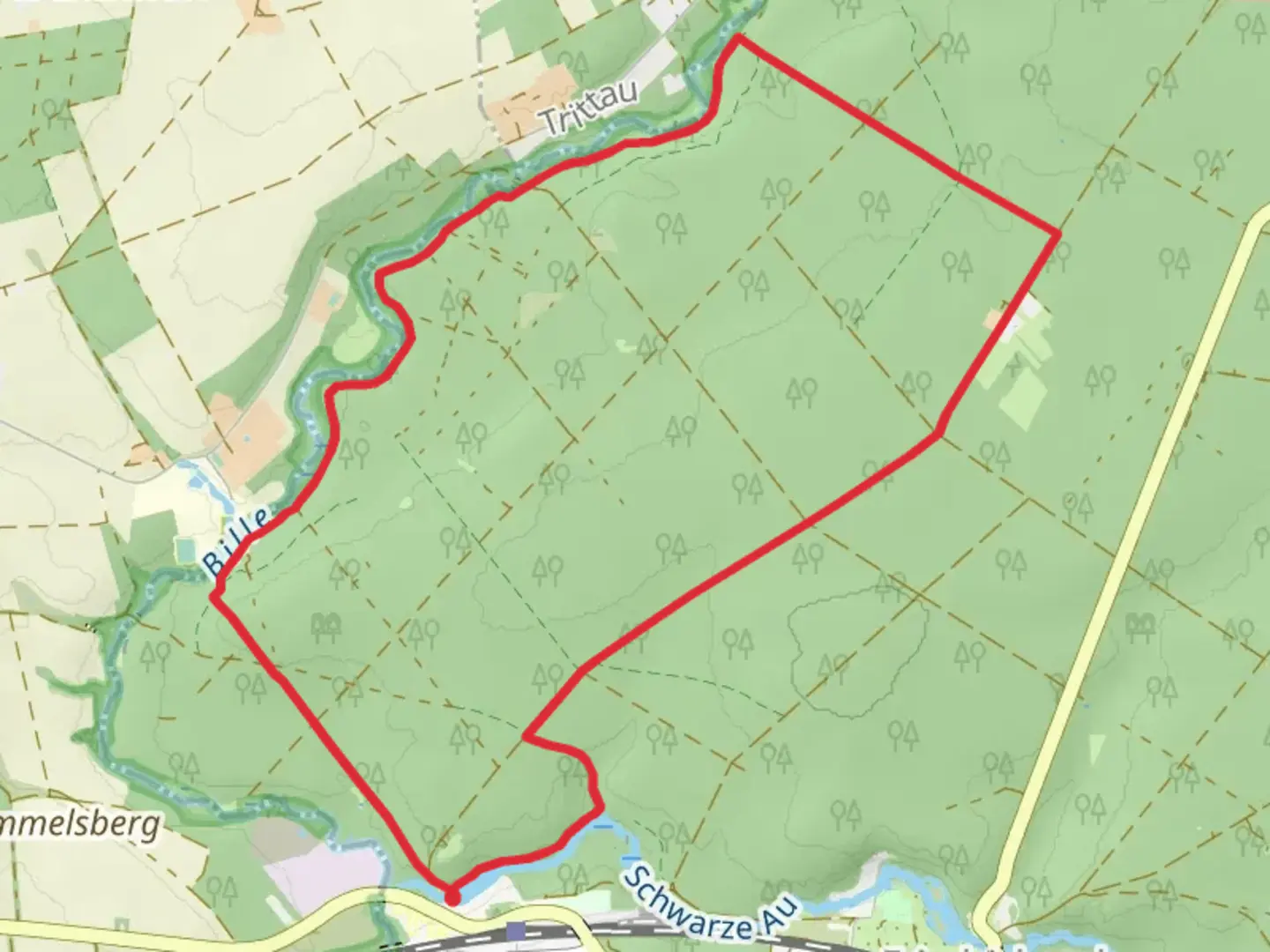 An image depicting the trail Schwarze Au via Sachsenwald Wanderweg and Stormarnweg and its surrounding area.